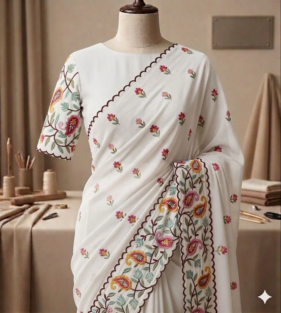 Ivory Paisley Embroidered Saree