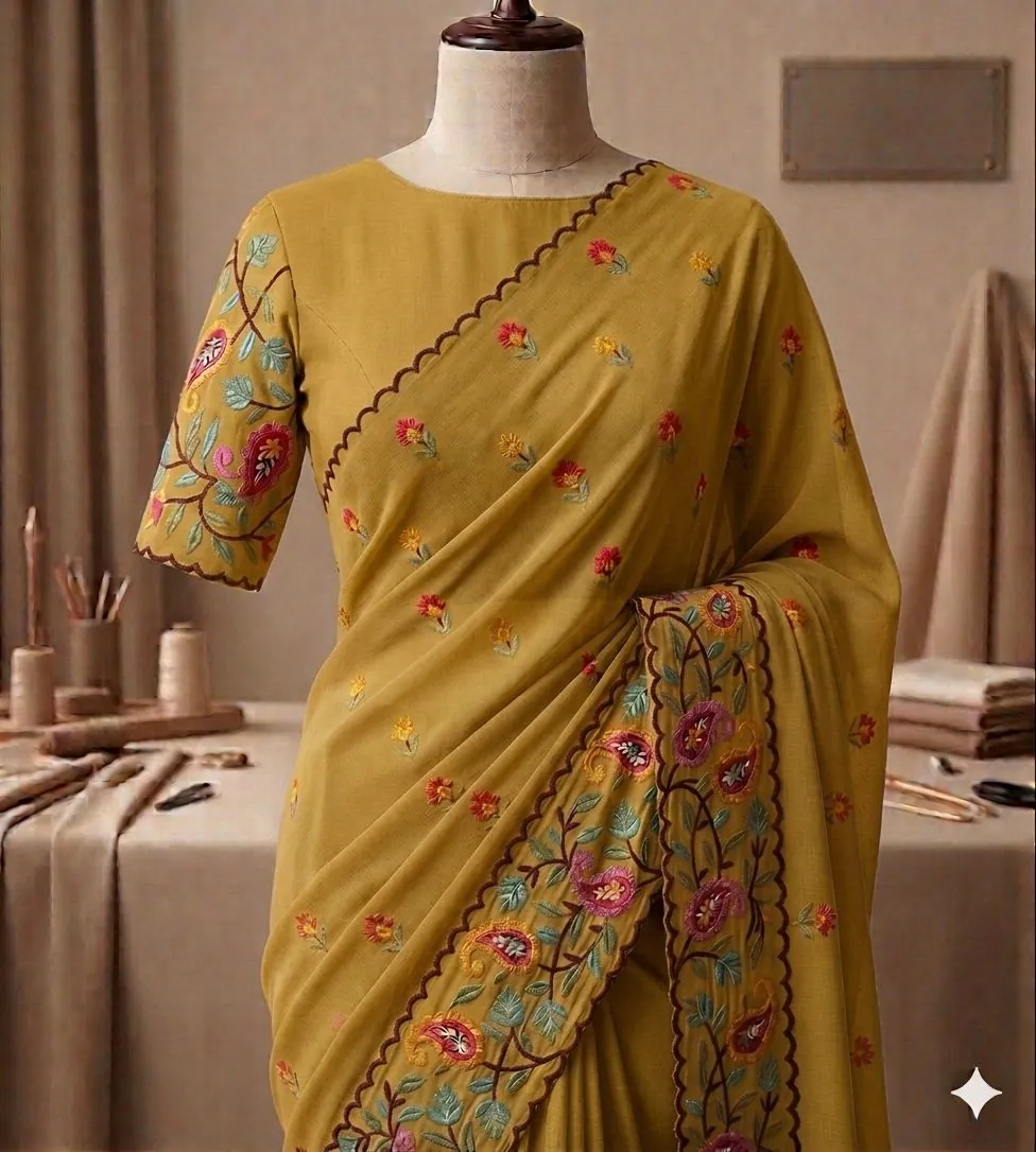 Mustard Paisley Embroidered Saree