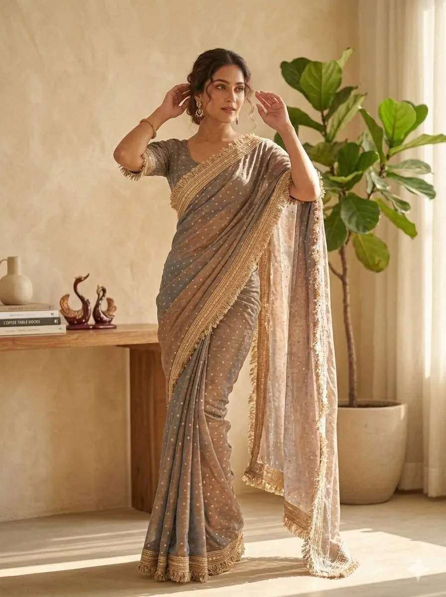 Pewter Gold Tissue Fringe Saree