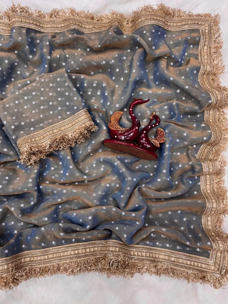 Pewter Gold Tissue Fringe Saree