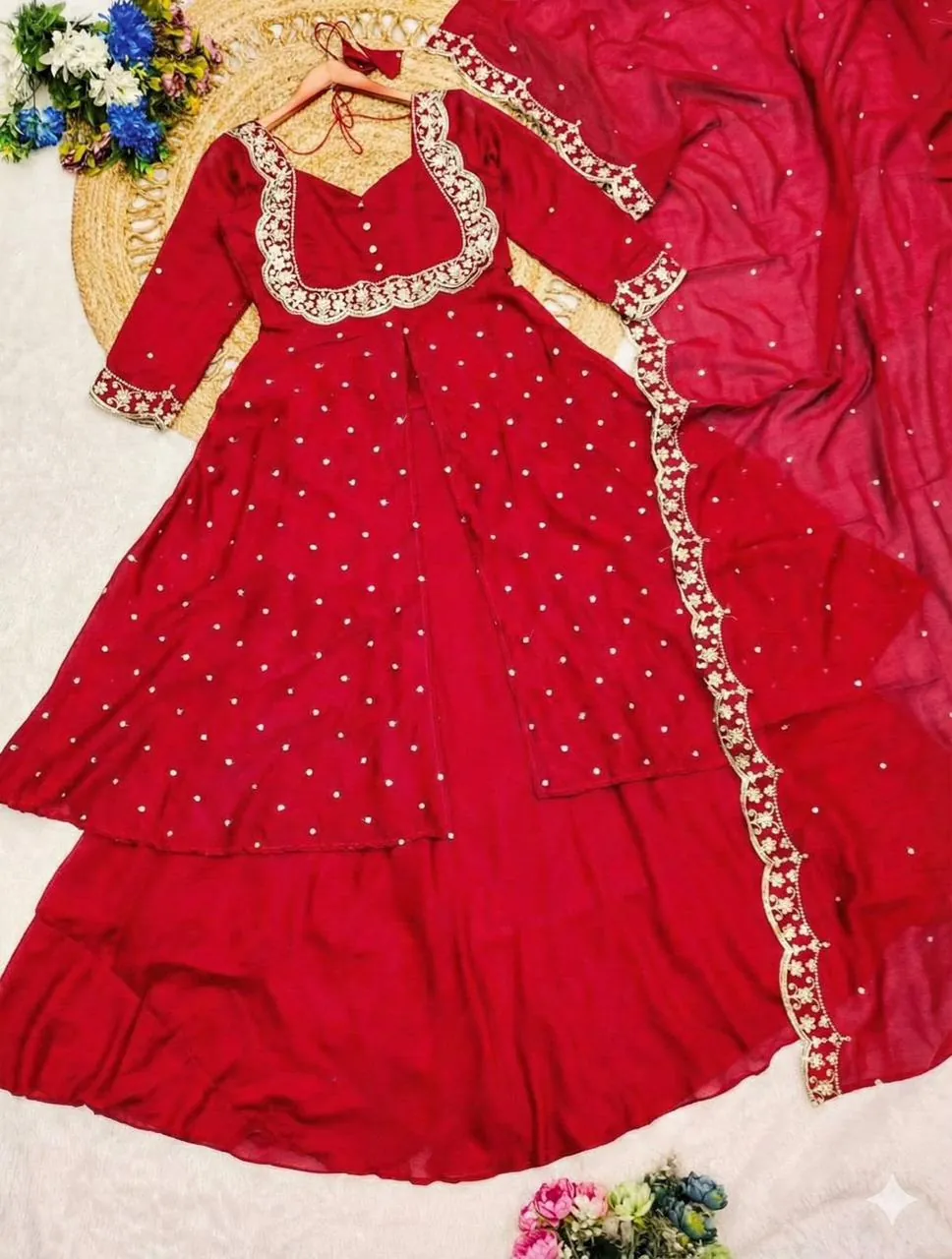 Red Embroidered Anarkali Suit