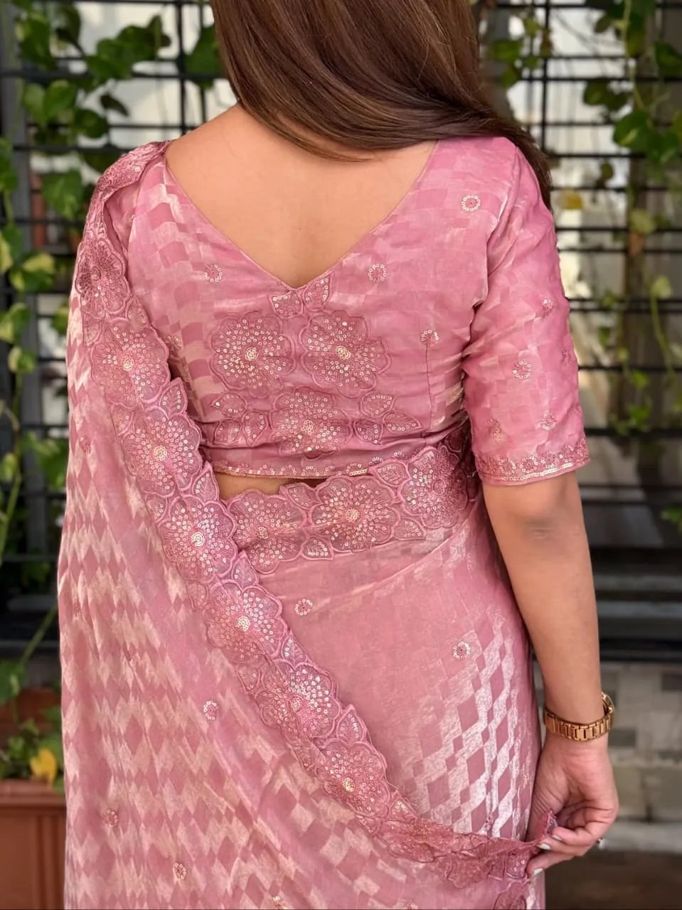 Rose Organza Sequin Saree