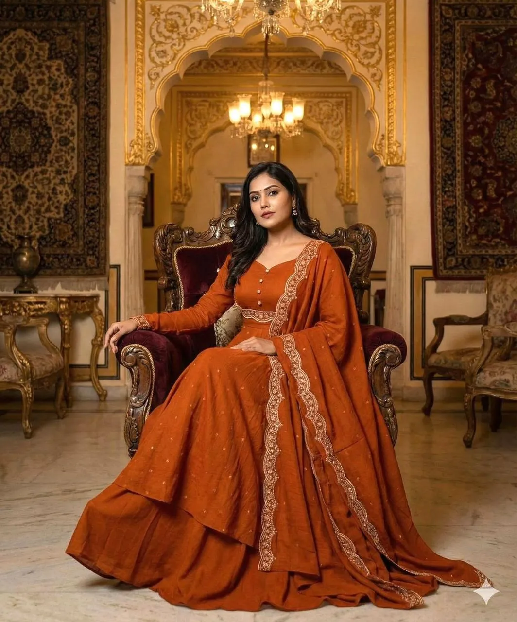 Rust Embroidered Anarkali Suit