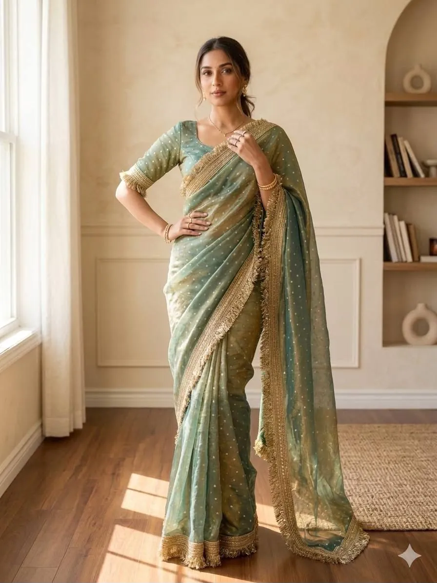 Sea Mist Tissue Fringe Saree