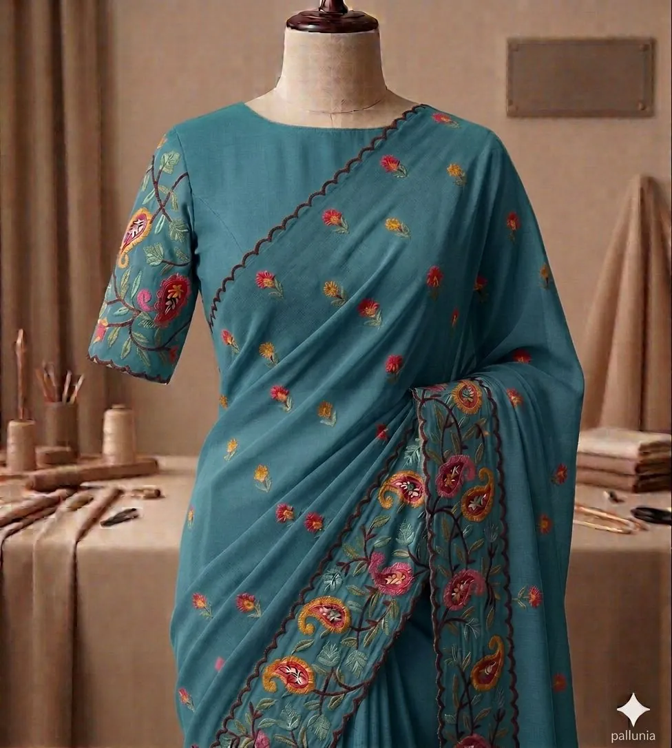 Teal Paisley Embroidered Saree